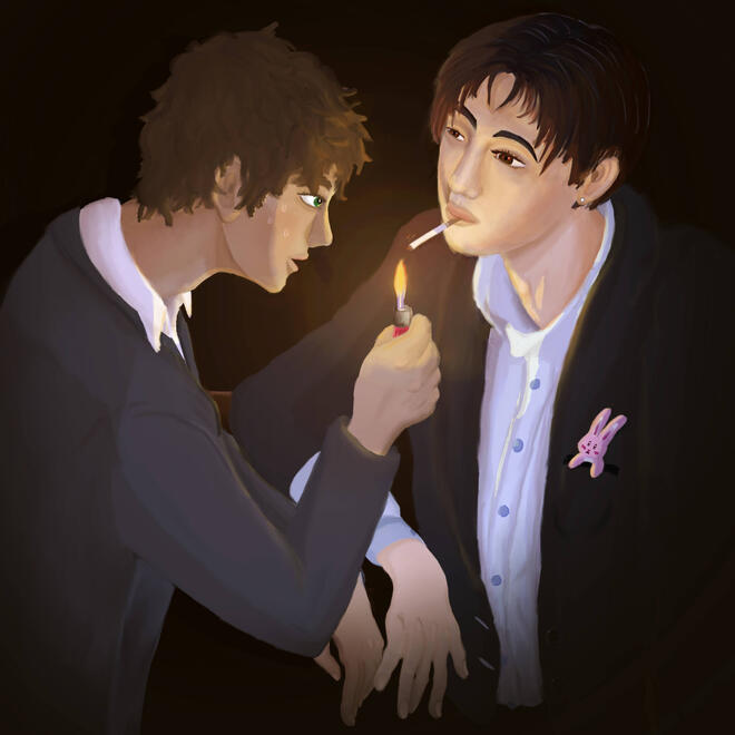 Saheon nervously holds a lighter to the cig between Soleum's lips. "ah fuck, I wanna go home" he thinks, fingers trembling minutely. The only warmth in the dark room comes from the light of the quivering flame, that and the searing heat in Soleum's gaze, v